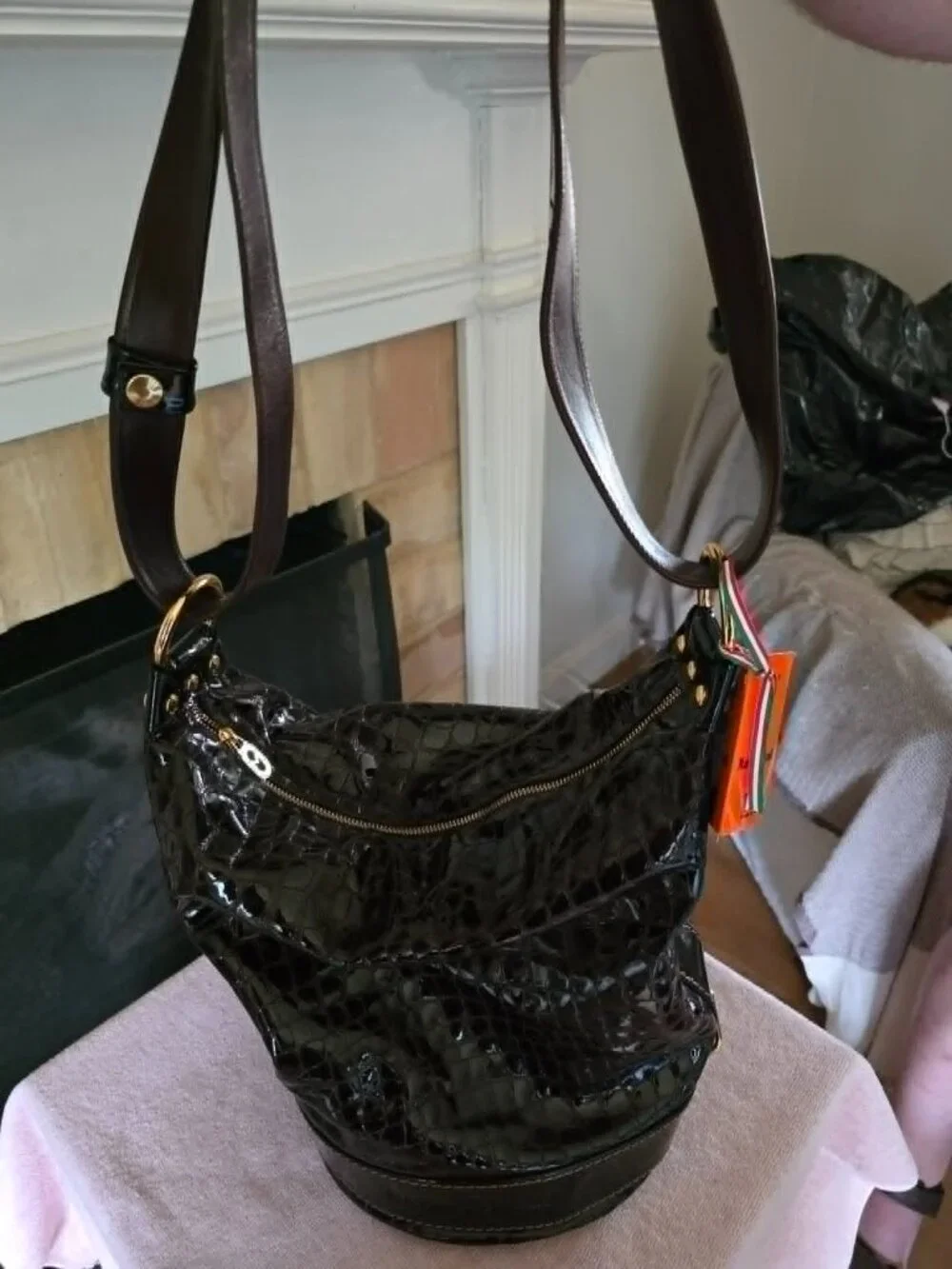 MARINO ORLANDI Made In Italy Leather Sling Backpack Patent Croc Leather